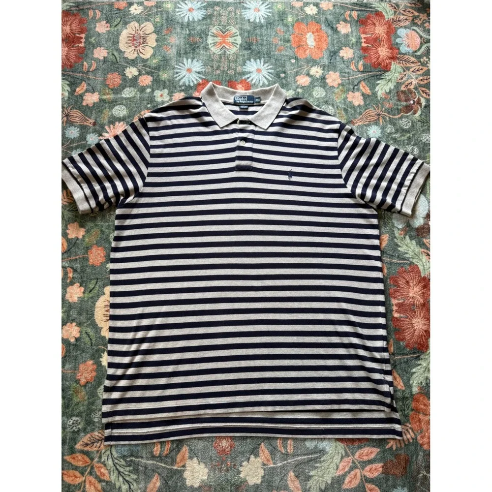Polo Ralph Lauren Men XXL Striped Polo Shirt Navy Grey Short Sleeve Cotton Pique